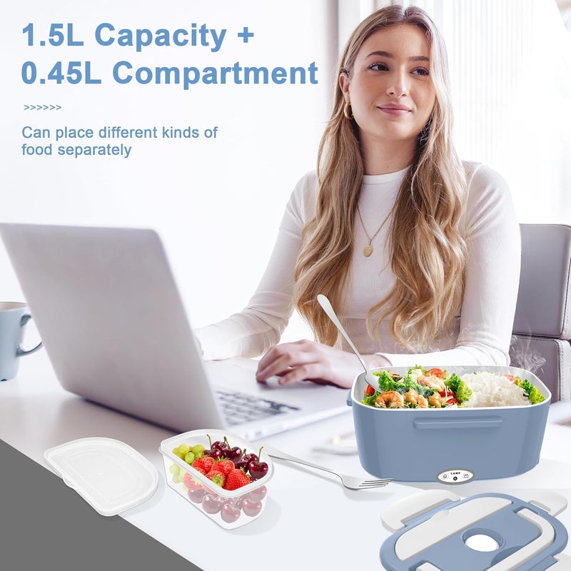 HOLDRUBY Electric Heated Lunch Boxes Adults: 80W Electric Lunch Box Food Heated 12/24/110V 1.5L Heatable Lunch Box for Car/Truck/Office Leak-Proof Stainless Steel Container,Fork & Spoon,Bag (Light Blue+White) - Image 5